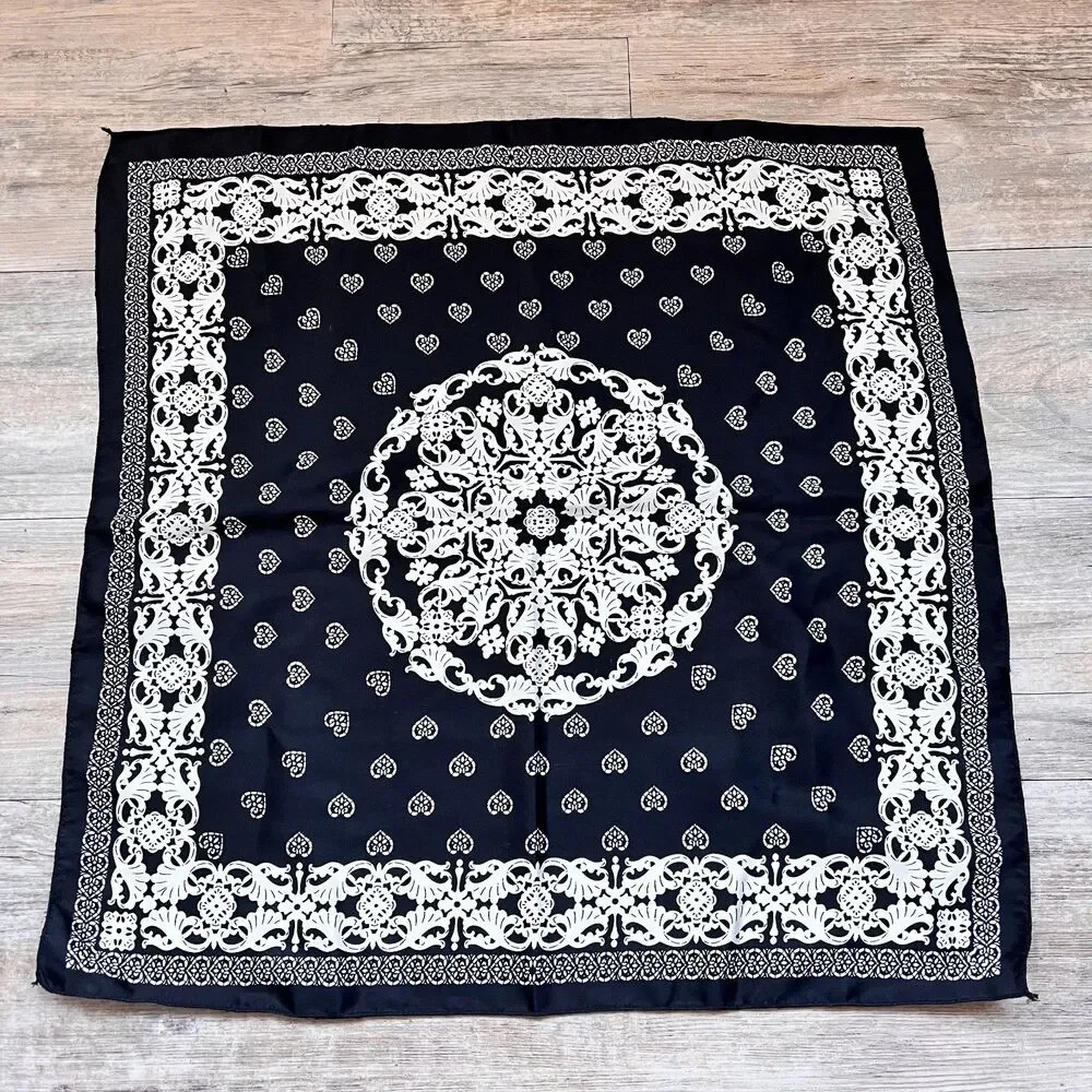 Black White Ornate Pattern Scarf Bandana 20x20 Square Vintage Style Hearts Y2K